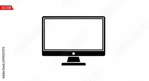 Illustration of a desktop computer with a blank white screen and a black stand on a white background