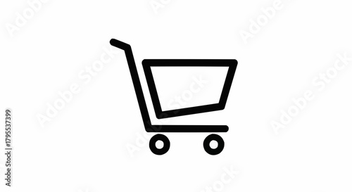A simple black shopping cart icon with a handle and two wheels on a white background image view