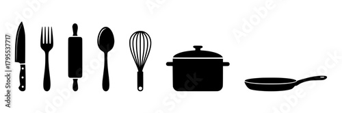 A versatile and essential collection of kitchen tools and cookware, presented as sleek black silhouette icons, perfect for culinary arts, cooking themes, and graphic design projects