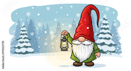 Charming gnome holding a glowing lantern in a whimsical snowy forest, perfect for festive holiday designs and winter themes.