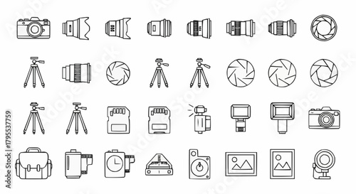 Collection of photography equipment icons including cameras lenses tripods and accessories in outline style