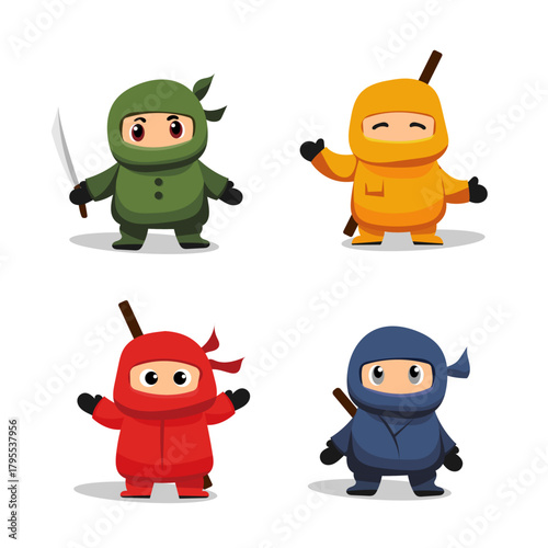 Set of characters for platformer game ninja flat vector in different color suits