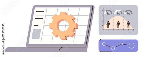 Laptop displaying gear icon on a spreadsheet, bar graph with percentages, and line chart. Ideal for analytics, statistics, business strategy, workflow, productivity, decision-making simple flat