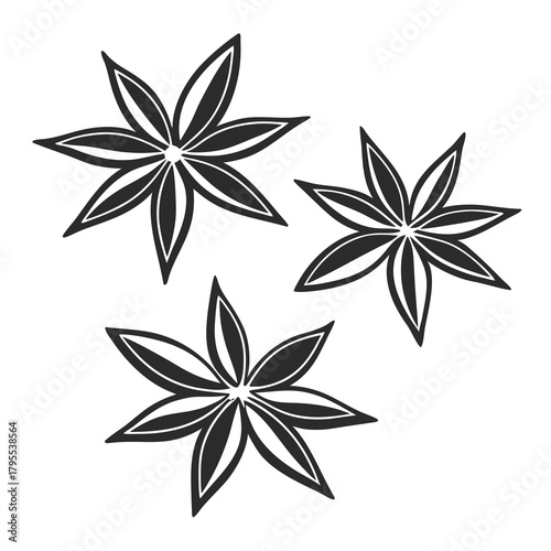 minimalist illustration featuring three black and white star anise pods on a clean, white background.
