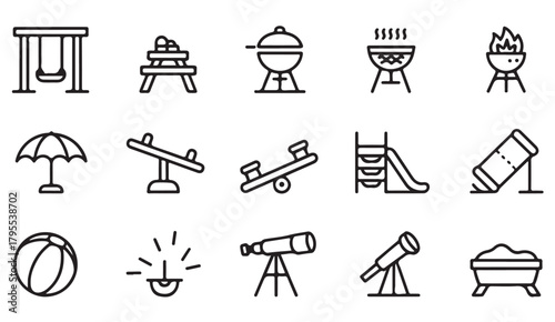 Picnic, BBQ, playground, and activity icons in simple outline vector style