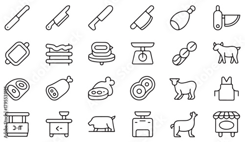 Food industry line icons showing livestock, meat cuts, and preparation tools