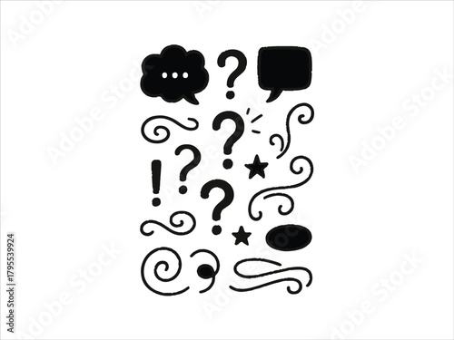 cartoonish hand drawn symbols set including speech bubbles, question marks, decorative swirls