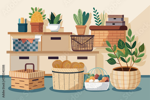 Wicker baskets for home storage, natural woven organizer decor, minimalist interior, stylish home decor, and functional modern home design concept.