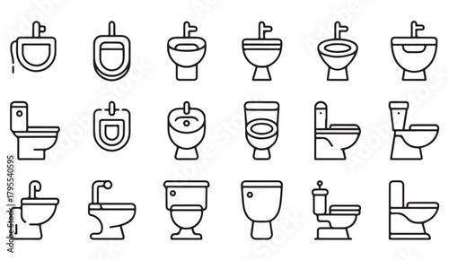 Outline vector symbols of bathroom fixtures for plumbing and hygiene projects