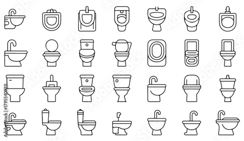 Thin-line sanitary fixture icons illustrating multiple toilet and bathroom styles