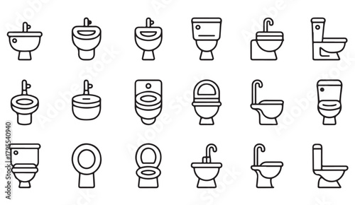 Minimalist line icon set of various restroom fixtures including toilets and urinals