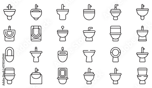 Collection of toilet, urinal, and bidet outline icons for bathroom design and plumbing concepts