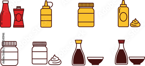 Collection of common condiments and sauces in simple flat design style