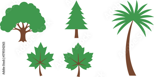 Collection of diverse green trees and leaves for nature or environmental themes