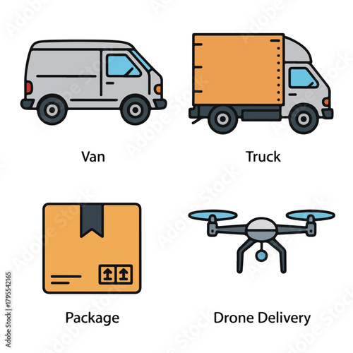 Delivery transport set with van, truck, package and drone delivery isolated