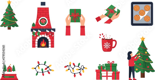 Festive holiday icons celebrating Christmas joy and giving with decorated trees and gifts