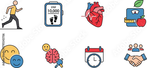 Icons representing healthy lifestyle choices for physical and mental well-being