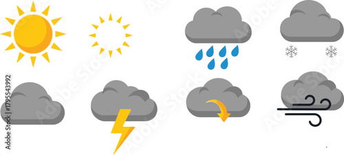Collection of weather icons showing sun, rain, lightning, snow, and wind