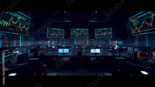 Dark Trading Room with Multiple Stock Market Charts on Large Screens at Night