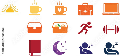 Icons representing a balanced daily routine: sunrise, coffee, work, exercise, and rest