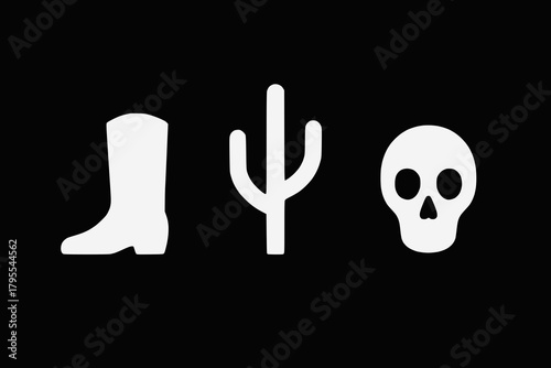 Western Icons of Cowboy Boot, Cactus, and Skull on Black Background