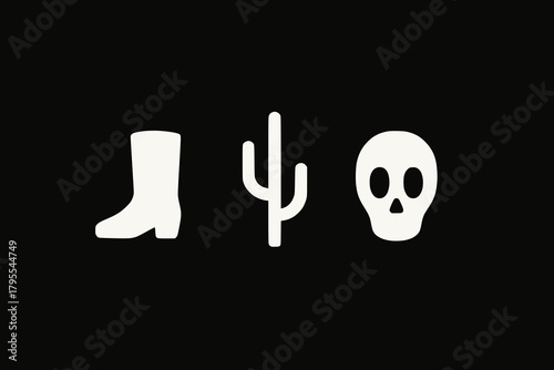 Western Icons of Cowboy Boot, Cactus, and Skull on Black Background