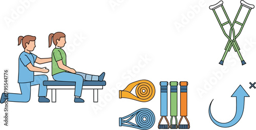 Physical therapist assists patient with leg exercise during rehabilitation session.