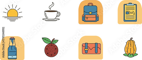 Collection of colorful icons representing travel, food, and daily life