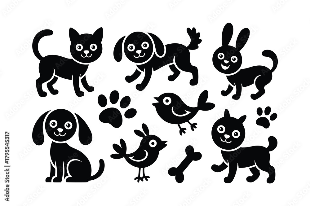 Fototapeta premium Collection of cute black pet silhouettes including cats, dogs, rabbits, birds, and paw prints