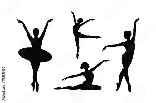 Silhouettes of ballerinas in various graceful poses
