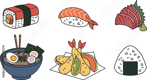 Delicious assortment of popular Japanese dishes, including sushi, ramen, tempura, and onigiri.