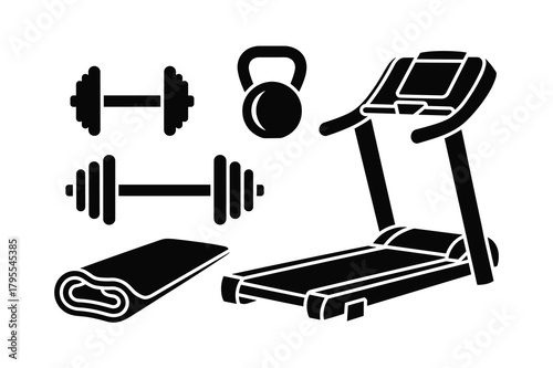 Collection of gym equipment including dumbbells, kettlebell, treadmill, and yoga mat