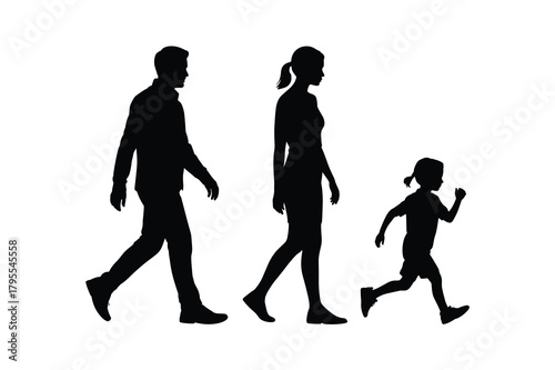 Silhouette of a family walking together, father, mother and daughter