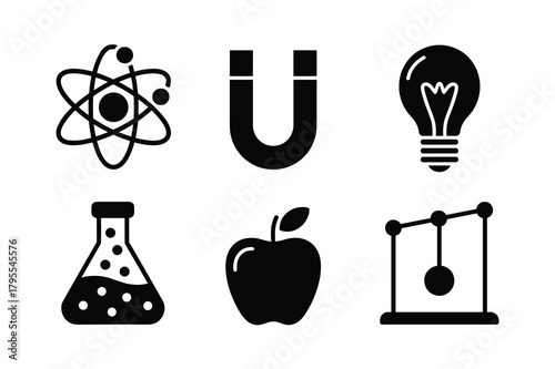 Collection of science and education icons including atom, magnet, light bulb, flask, apple, and newtons cradle