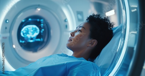 Female patient receiving brain mri scan, medical imaging monitor displaying neurological diagnostic process in modern healthcare setting