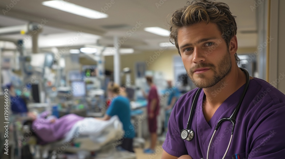 Obraz premium A focused male nurse in scrubs stands confidently in a busy hospital environment. The background shows medical equipment and patients, highlighting a caring atmosphere.
