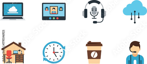 Collection of icons representing remote work, technology, and communication for modern business.
