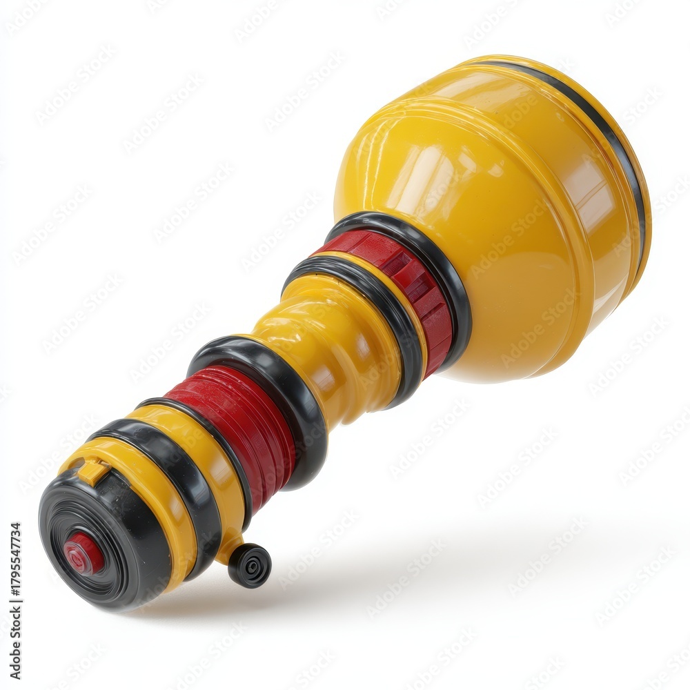 Obraz premium A brightly colored wooden maraca with yellow red and black stripes on a white background