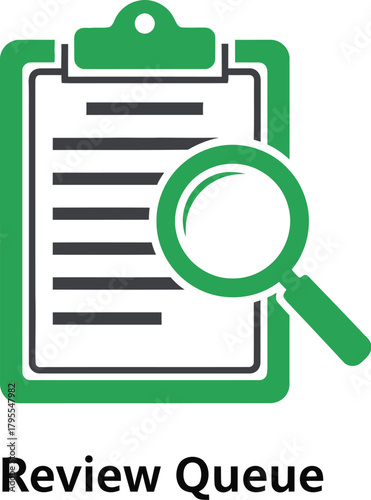 Magnifying glass inspecting a document on a clipboard, representing review and analysis