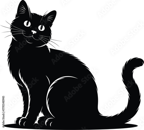 A simple black cat illustration with a relaxed and curious expression