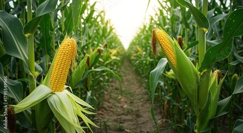 Corn field with ripe ears of in summer cornfield agriculture crop farm food harvest plant cob stalk grain yellow green leaf rural