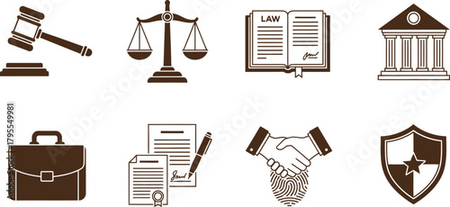 Collection of legal and justice icons representing law, contracts, and court proceedings.