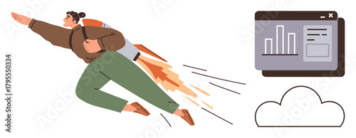 Person with jetpack soaring toward cloud computing and data analysis dashboard. Ideal for progress, innovation, technology, success, ambition, business growth, motivation themes. Represents simple