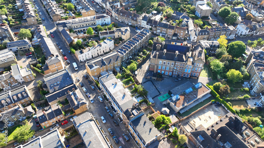 Fototapeta premium Aerial drone photo of scenic village of Greenwich and Peninsula of Northern part, London, United Kingdom