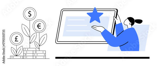 Currency plants sprouting from stacked coins alongside a woman highlighting a star on a digital tablet. Ideal for finance, technology, investment, growth, innovation, ratings, digital transformation