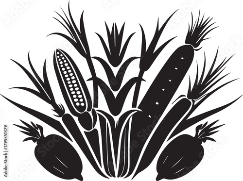 Black and white silhouette corn stalk vector vegetable 