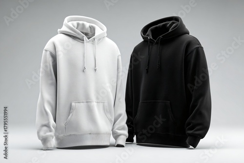 Two hoodies in black and white displayed on a neutral background for apparel design mockups today