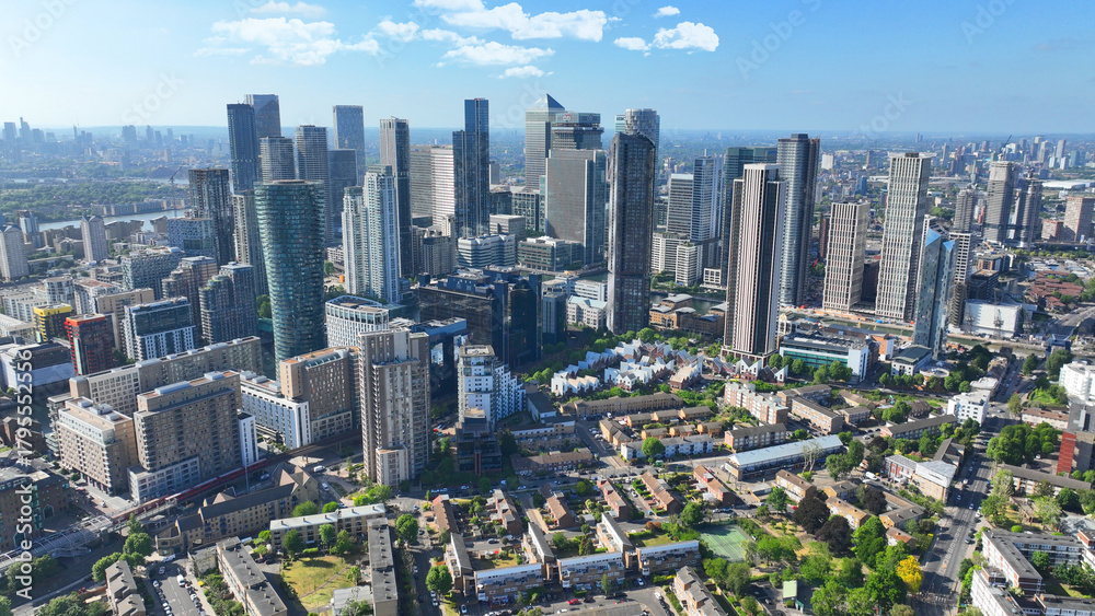 Fototapeta premium Aerial drone photo of iconic skyscraper complex and business area of Canary Wharf, Docklands, London, United Kingdom