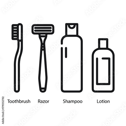 Illustration of a toothbrush, razor, shampoo, and lotion isolated on