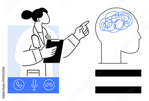 Doctor pointing to a head representing tangled thoughts, holding clipboard, with telemedicine icons. Ideal for mental health, telehealth, counseling, diagnosis, therapy, communication remote care